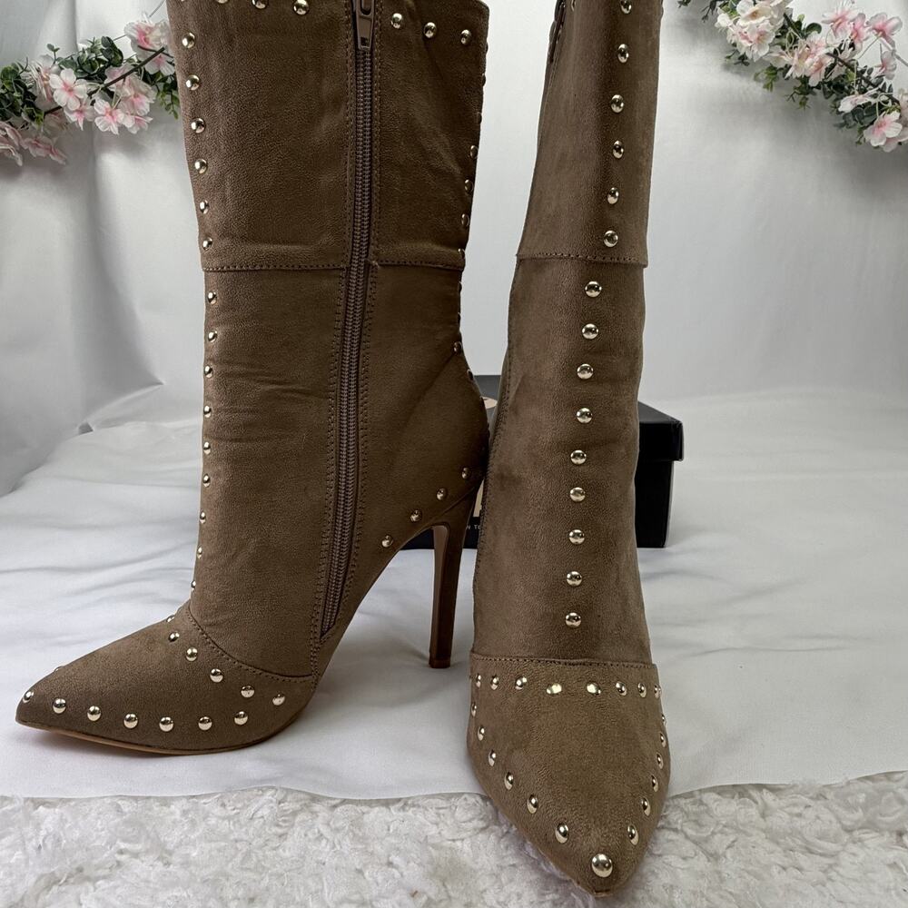 Misspap Khloe Beige Faux Suede Stiletto Studded Ankle Boots Size‎ 5